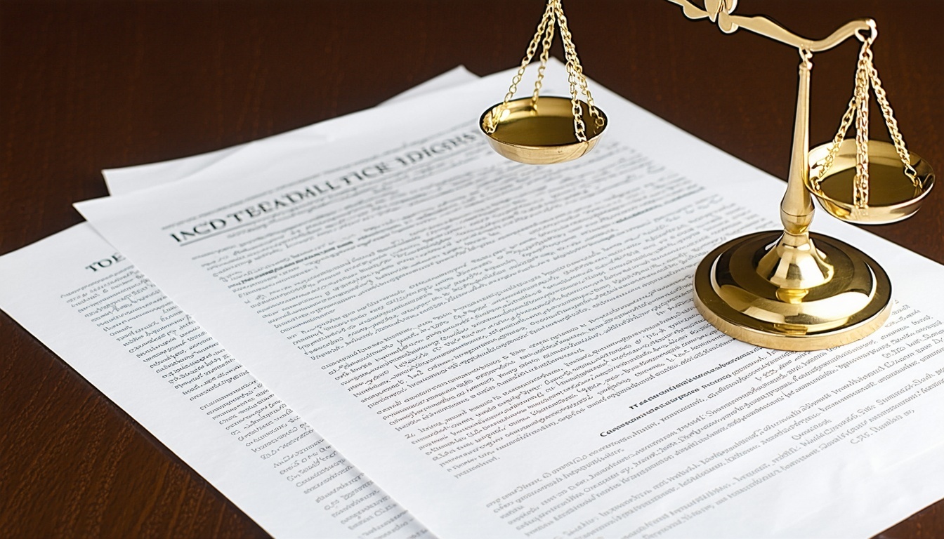 Legal documents and scales of justice on table